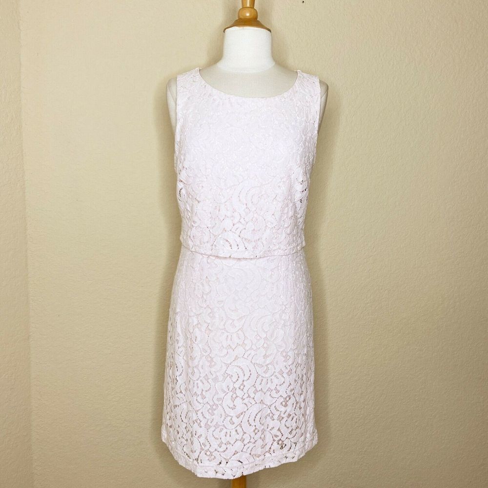 Sharagano Powder Pink Lace Overlay Sheath Dress